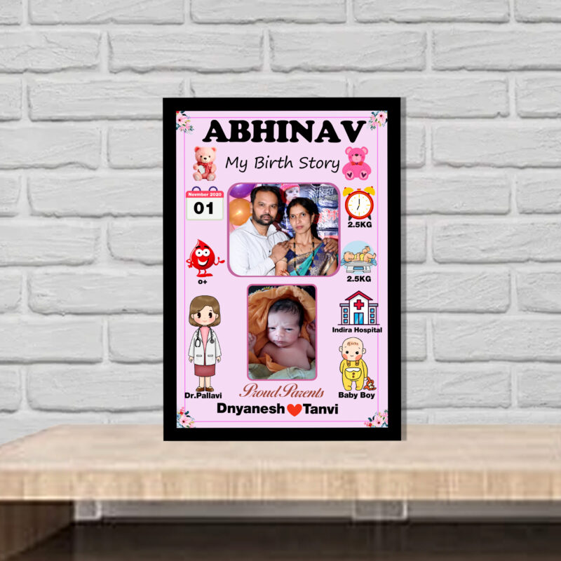 Personalized New Born Baby Photo Frame with Name, Date, Weight & Time | Customized Photo Frame Gift for New Parents | Baby Announcement & Nursery Wall Décor (Design 1)